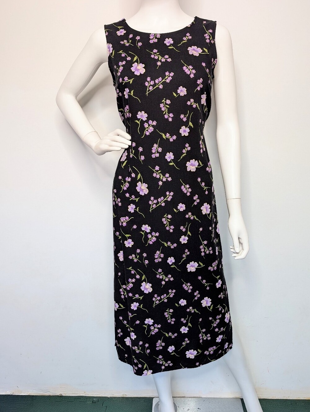 Y2K Black, Purple & Green Floral Sleeveless Tank Style Midi Dress